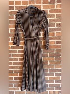 Zara Brown and Black Checked Long Sleeve Wrap Maxi Dress